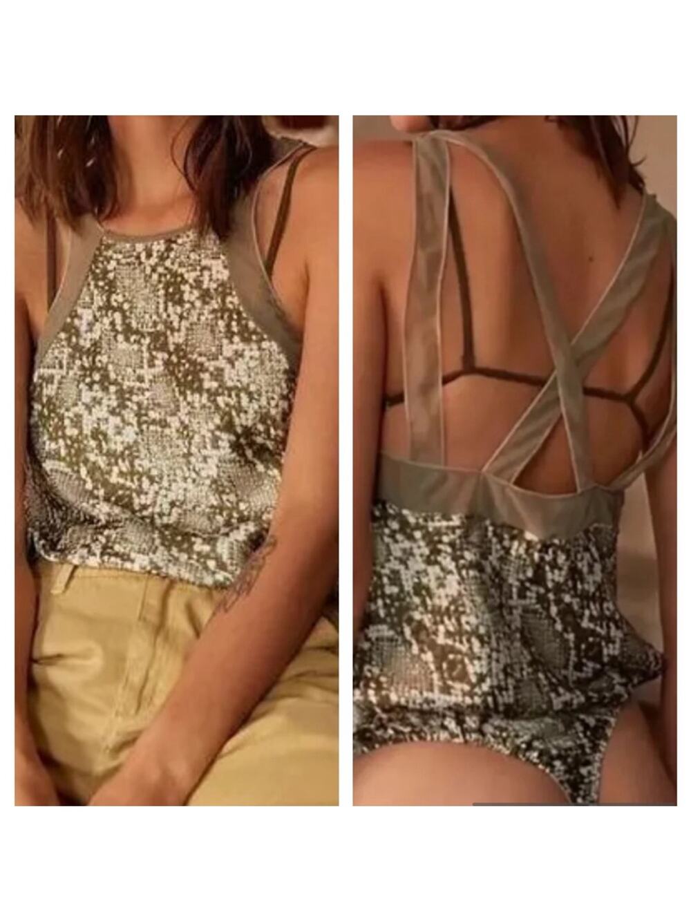 NEW Free People Night Out green Snake Skin print strappy thong Bodysuit